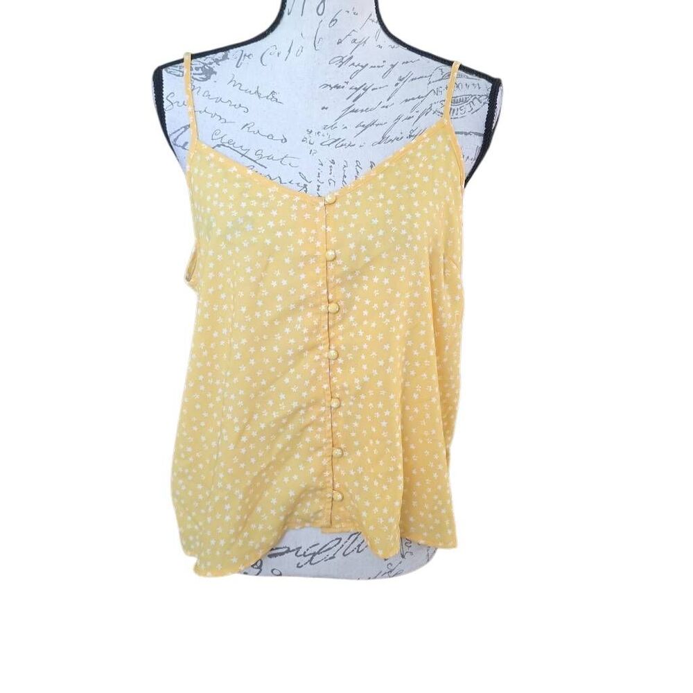 Japna Women's Size Large Yellow White Star Print Button Down Cami Tank